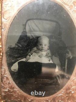 Antique Daguerreotype Photo Portrait Case with Baby in carriage Civil War Era