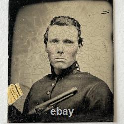 Antique Gem Tintype Photograph Handsome Man Soldier American Civil War Hand Gun