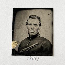 Antique Gem Tintype Photograph Handsome Man Soldier American Civil War Hand Gun