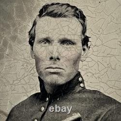 Antique Gem Tintype Photograph Handsome Man Soldier American Civil War Hand Gun