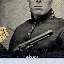 Antique Gem Tintype Photograph Handsome Man Soldier American Civil War Hand Gun