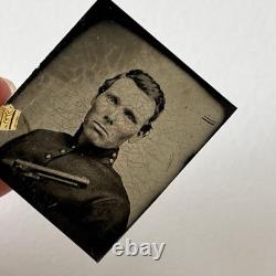 Antique Gem Tintype Photograph Handsome Man Soldier American Civil War Hand Gun