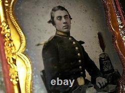 Antique Photo of a Civil War Soldier with his Shako, Tinted 1860s
