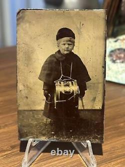 Antique Sixth plate Tinytype photo ARMED with Sword Drummer Boy Civil War