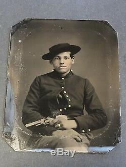 Antique TIN TYPE Photograph of ARMED CIVIL WAR Uniformed Soldier SMITH & WESSON