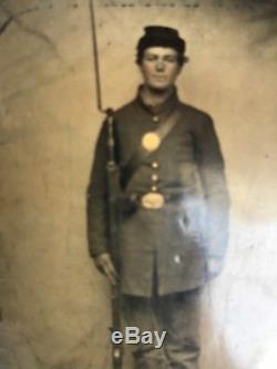 Antique Tin Type CIVIL War Soldier / Gun Bayonet Breast Plate Belt Buckle Photo
