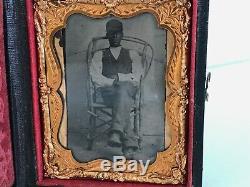 Antique Tintype African American PHOTO Civil War Black Americana Kepi in Case