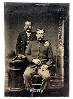 Antique Tintype Photo Men Civil War Soldier Cigar Hats Unique Pose Gay Interest
