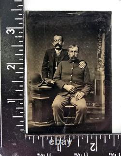 Antique Tintype Photo Men Civil War Soldier Cigar Hats Unique Pose Gay Interest