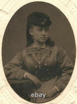 Antique Tintype Photo Pretty Lady with Civil War Navy Fouled Anchor Visor Insignia