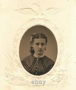 Antique Tintype Photo Pretty Young Lady Girl with Patriotic Civil War Matted Frame
