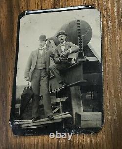 Antique Tintype Photo, Two Men, Civil War Cannon 5 x 3.5