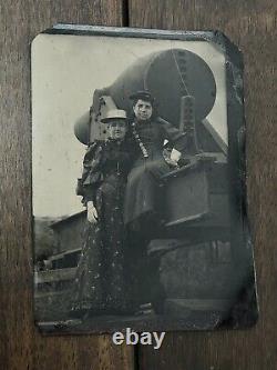 Antique Tintype Photo, Two Women with Civil War Cannon