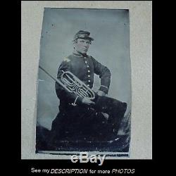 Antique Tintype Photograph Civil War Soldier Musician Euphonium Horn