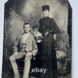 Antique Tintype Photograph Handsome Young Man & Beautiful Women Cornet Civil War