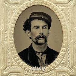 Antique Tintype Photograph Handsome Young Man In Kepi Civil War Soldier Cigar