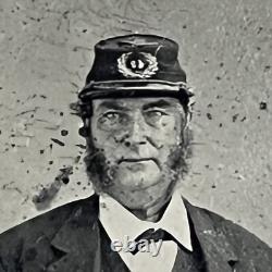 Antique Tintype Photograph Mature Man Civil War Veteran Kepi Cane GAR Metal