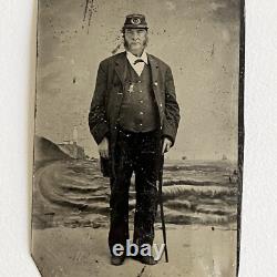 Antique Tintype Photograph Mature Man Civil War Veteran Kepi Cane GAR Metal