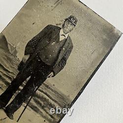 Antique Tintype Photograph Mature Man Civil War Veteran Kepi Cane GAR Metal