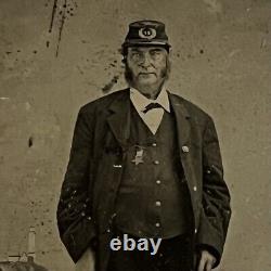Antique Tintype Photograph Mature Man Civil War Veteran Kepi Cane GAR Metal