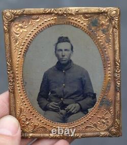 Antique Tintype Photograph Photo Portrait CIVIL War Soldier 3 Gold Foil Frame