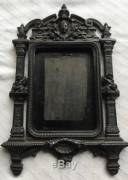 Antique c1860 Gutta Percha Civil War Lady Cherubs Angel Shell Picture Frame