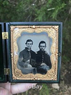 Antique daguerreotype photo Civil War Soldiers- PAIR OF UNION OFFICERS ARMED
