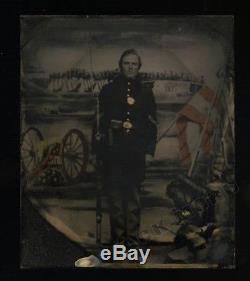 Armed Civil War Soldier 1/6 Tintype Photo Hand tinted Camp Scene with Flag