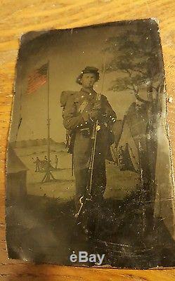 Armed Infantry Soldier & Tinted Flag-Original Civil War Tintype Photograph