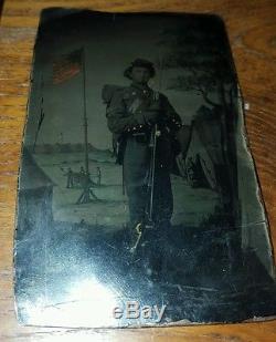 Armed Infantry Soldier & Tinted Flag-Original Civil War Tintype Photograph