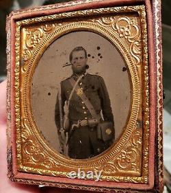 Armed Union Civil War Tintype with Canteen sixth plate image in half case