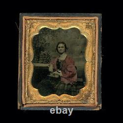 Beautiful Tinted Tintype Photograph Civil War Era Women Holding A Flutina