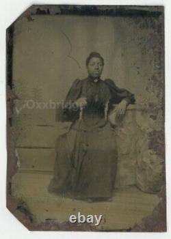 Black Female 1860 Fancy Dress, Brooch, Umbrella Civil War Tintype Photo Q8601