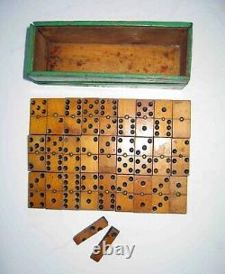 C1860-65 Antique CIVIL WAR Era WOOD BOXED Full Set 28 DOMINOES All Wood Made