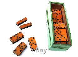 C1860-65 Antique CIVIL WAR Era WOOD BOXED Full Set 28 DOMINOES All Wood Made