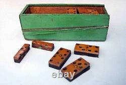 C1860-65 Antique CIVIL WAR Era WOOD BOXED Full Set 28 DOMINOES All Wood Made
