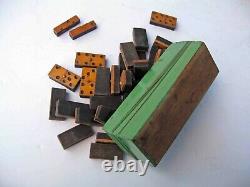 C1860-65 Antique CIVIL WAR Era WOOD BOXED Full Set 28 DOMINOES All Wood Made