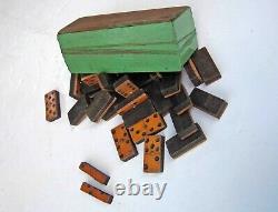 C1860-65 Antique CIVIL WAR Era WOOD BOXED Full Set 28 DOMINOES All Wood Made