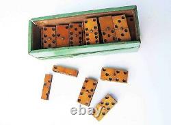 C1860-65 Antique CIVIL WAR Era WOOD BOXED Full Set 28 DOMINOES All Wood Made