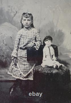 CIVIL WAR ERA GIRL with SEATED LARGE PORCELAIN CHINA DOLL TINTYPE PHOTO