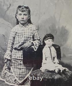 CIVIL WAR ERA GIRL with SEATED LARGE PORCELAIN CHINA DOLL TINTYPE PHOTO