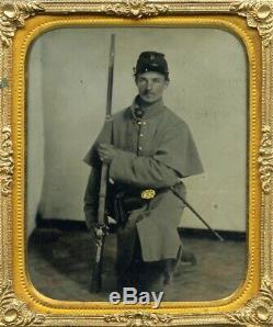 CIVIL WAR Rare Sixth Plate Tintype of Kneeling Soldier in Great Coat with Musket