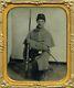 Civil War Rare Sixth Plate Tintype Of Kneeling Soldier In Great Coat With Musket