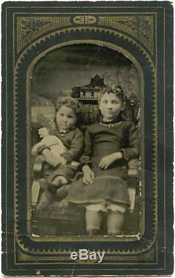CIVIL War Era Two Little Girls With Doll & Antique Tintype Photo