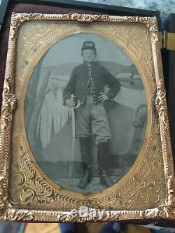 CIVIL War Tintype Of A Very Young Cavalryman Armed With A Sword. 1/4 Plate