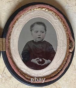 CIVIL War Union Infant Boy Holding Small Cannonball Tintype In Oval Union Case