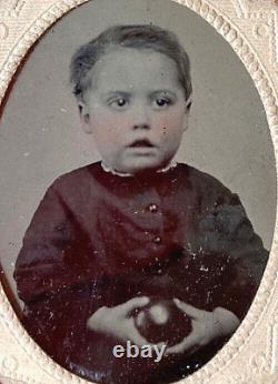 CIVIL War Union Infant Boy Holding Small Cannonball Tintype In Oval Union Case