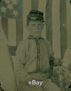 C 1860 s NC BOY in CIVIL WAR BATTLE SHIRT, holds PHOTO, US FLAG BACKDROP tinted