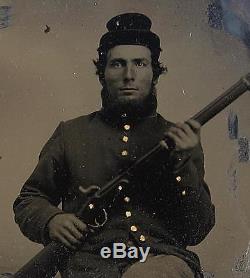 Ca 1860's CIVIL WAR 6th PLATE TINTYPE ARMED SEATED UNION SOLDIER in UNION CASE