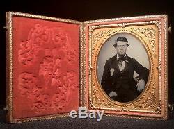 Cased 1/6 Plate Ambrotype Handsome Southern Man CIVIL War Secession Cockade
